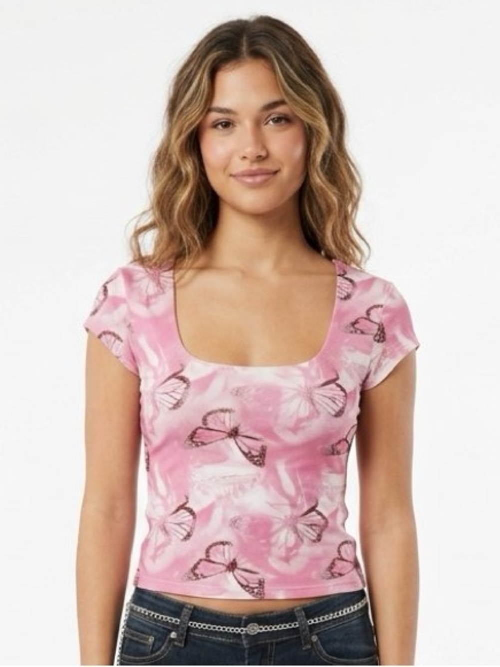 Y2K Orange Kiss Pink Butterfly Scoop Neck Tee
